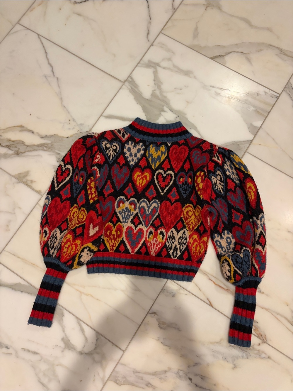 FARM Rio Multicolor ilkat Heart-Pattern Puff-Sleeve Sweater XS rare - Picture 4 of 4